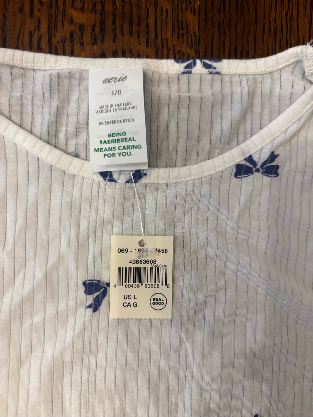 NWT Aerie Long Sleeve White & Blue Bow Ribbed PJ Top Size L - Picture 3 of 3